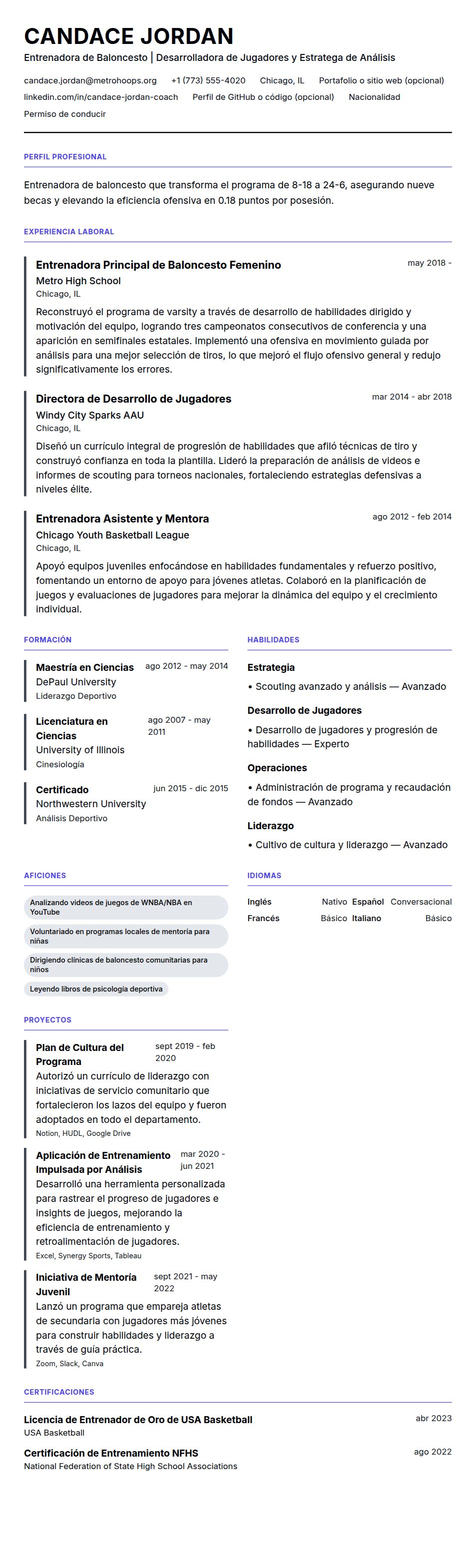 Vista previa del currículum Ejemplo de Currículum de Entrenador de Baloncesto