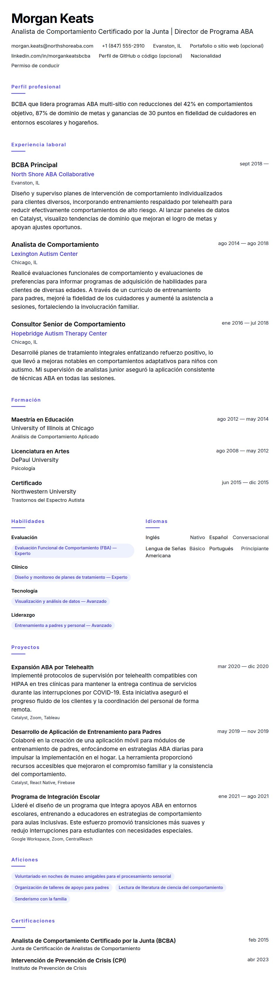 Vista previa del currículum Ejemplo de Currículum de Analista de Comportamiento Certificado por la Junta (BCBA)