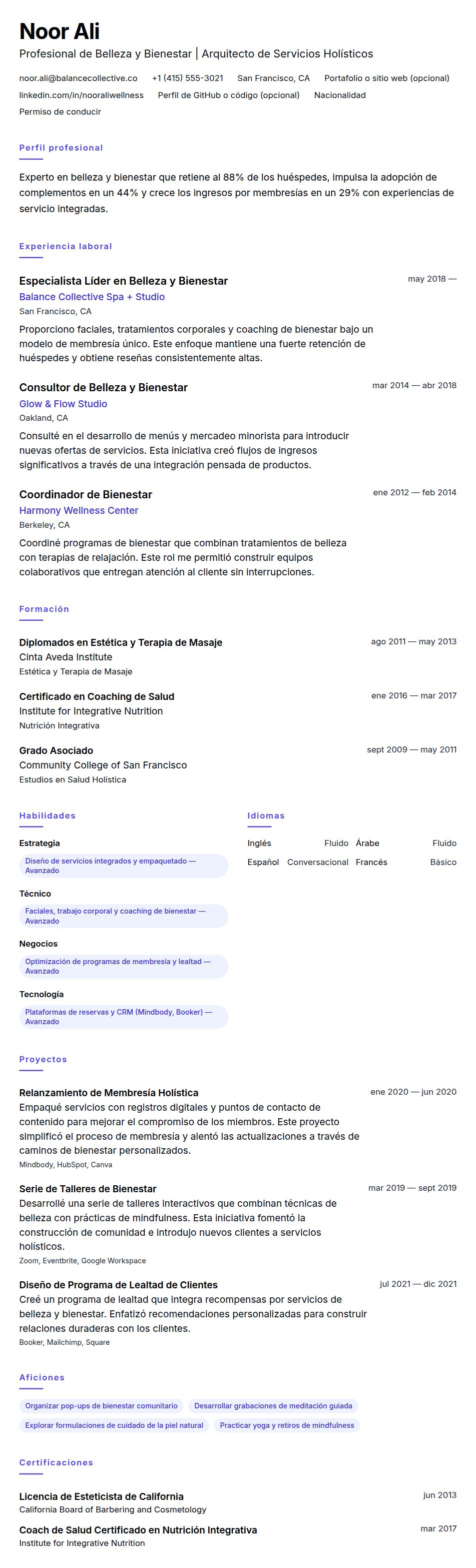 Ejemplo de Currículum de Profesional de Belleza y Bienestar