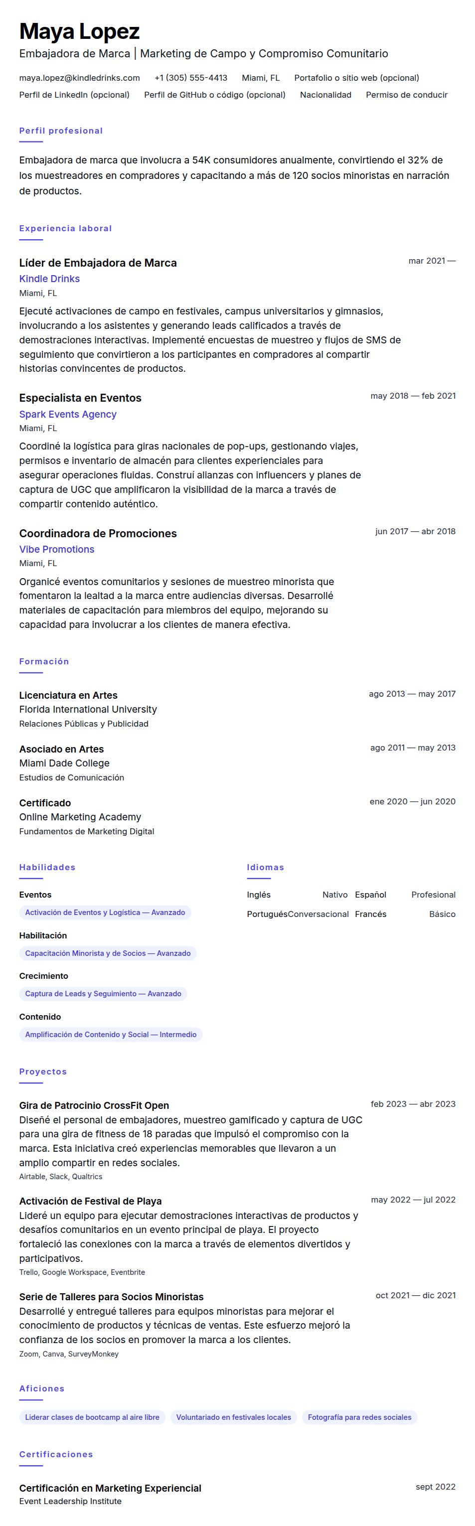 Vista previa del currículum Ejemplo de Currículum de Embajador de Marca