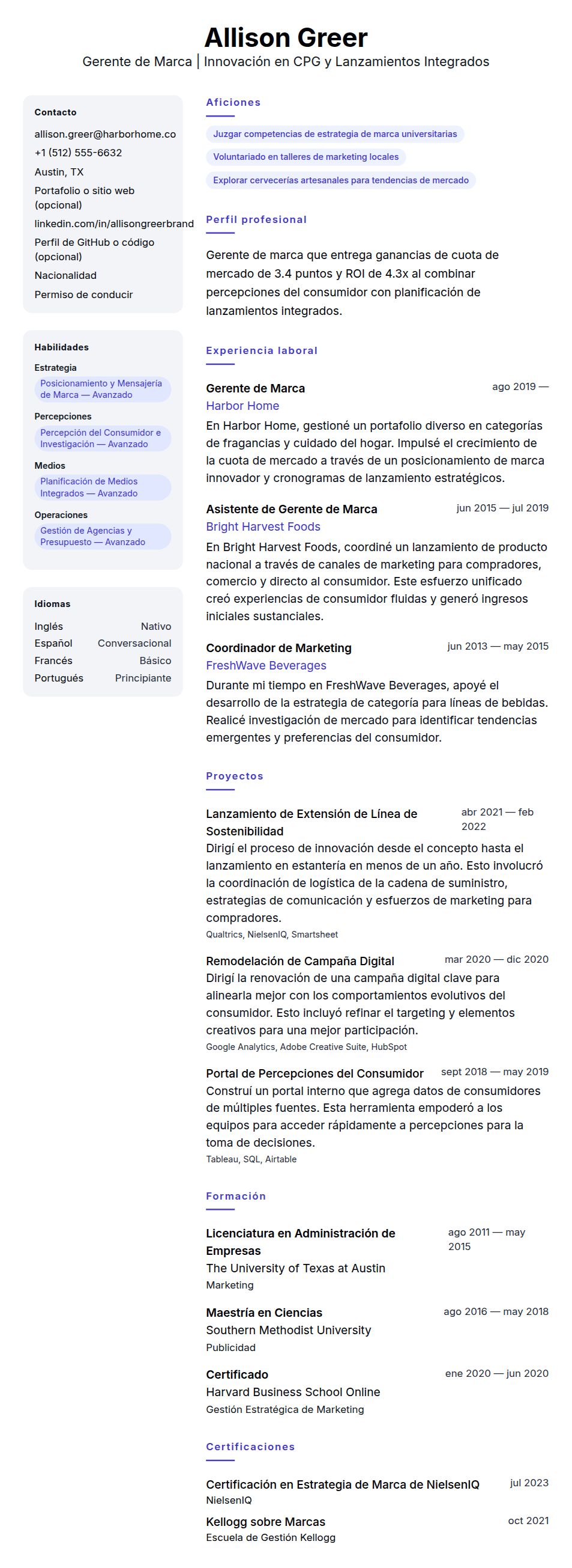Vista previa del currículum Ejemplo de Currículum de Gerente de Marca