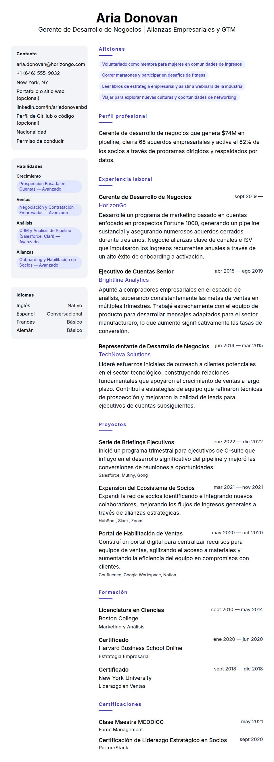 Vista previa del currículum Ejemplo de Currículum de Gerente de Desarrollo de Negocios