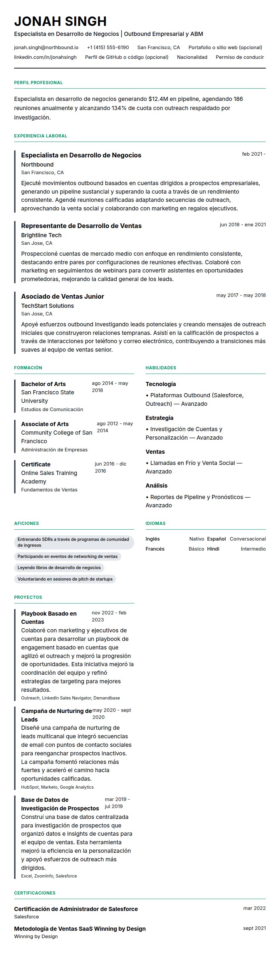 Vista previa del currículum Ejemplo de Currículum de Especialista en Desarrollo de Negocios