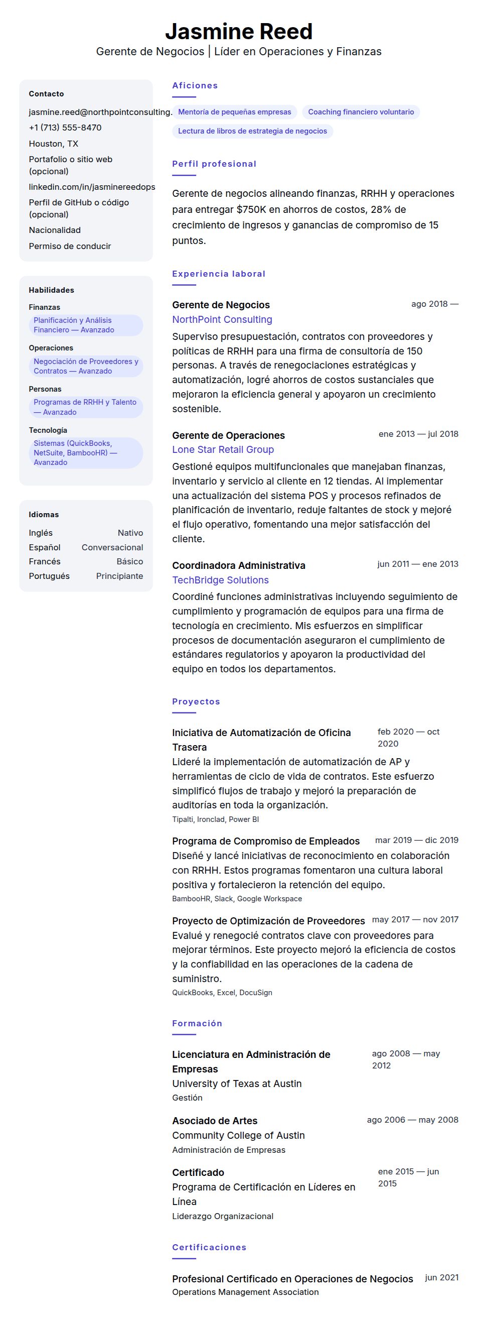 Vista previa del currículum Ejemplo de Currículum de Gerente de Negocios