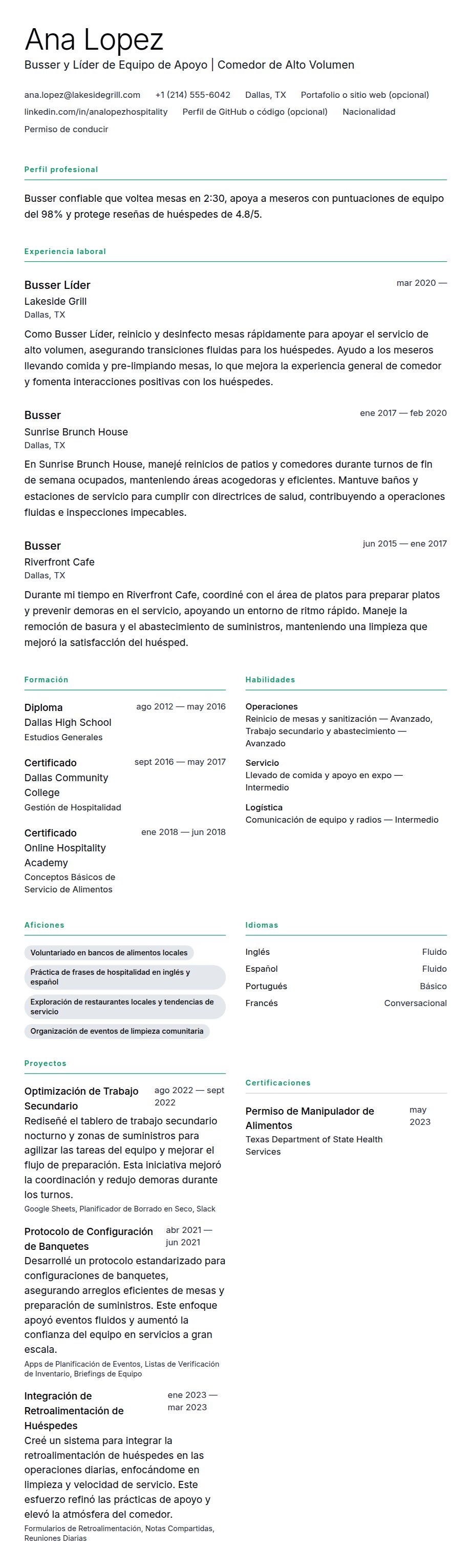 Vista previa del currículum Ejemplo de Currículum de Busser