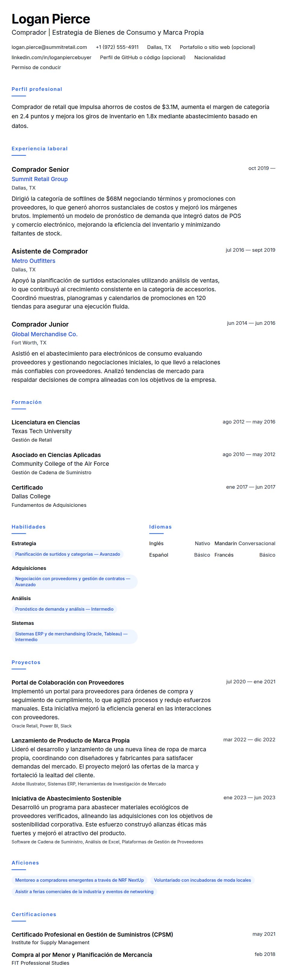Ejemplo de Currículum de Comprador