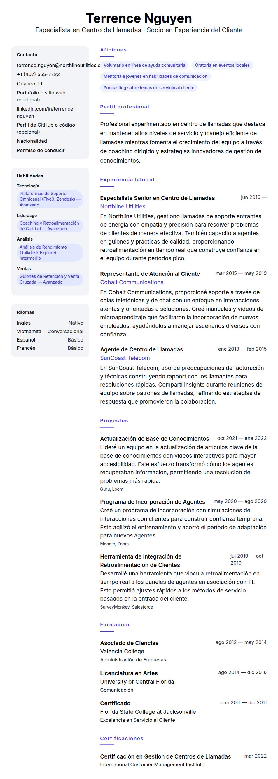 Vista previa del currículum Ejemplo de Currículum de Profesional de Centro de Llamadas