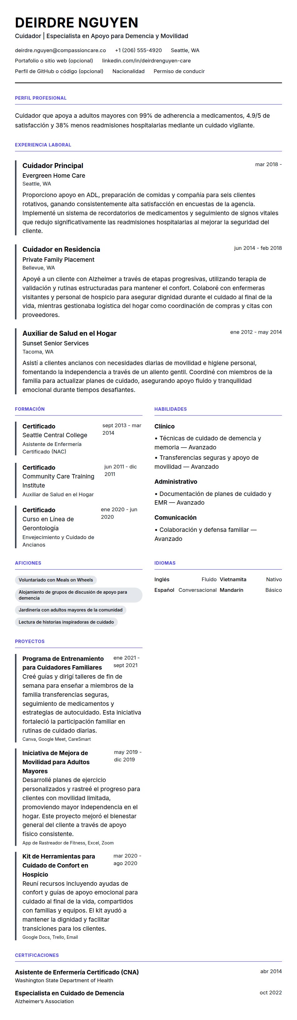 Ejemplo de Currículum de Cuidador