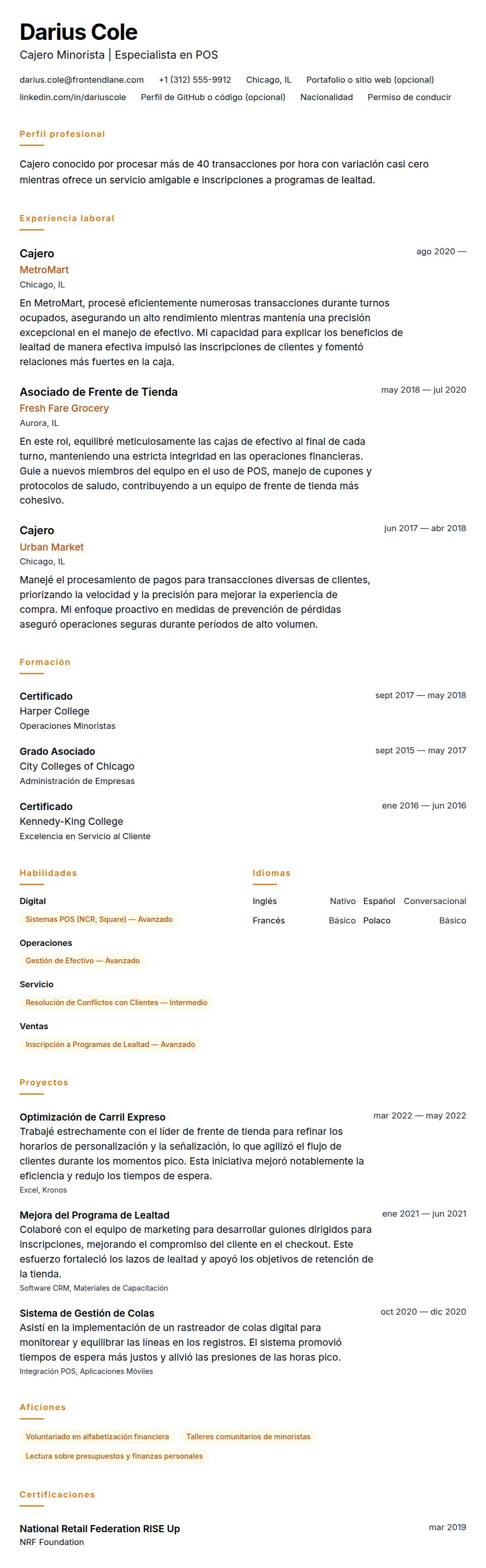 Vista previa del currículum Ejemplo de Currículum de Cajero