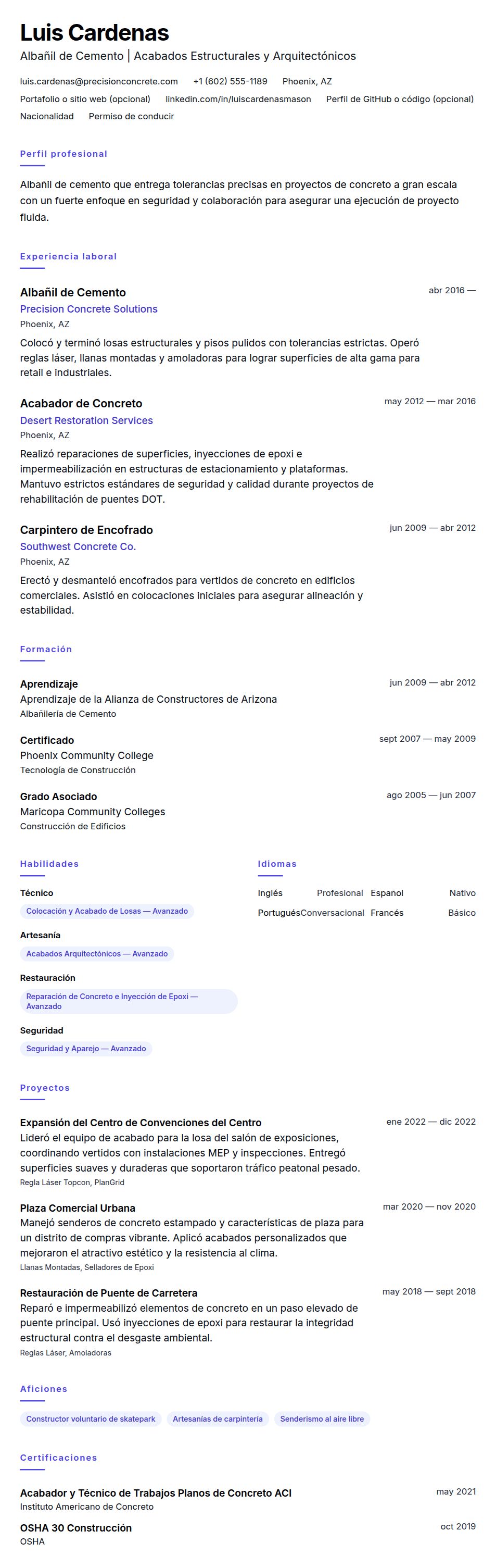 Vista previa del currículum Ejemplo de Currículum de Albañil de Cemento