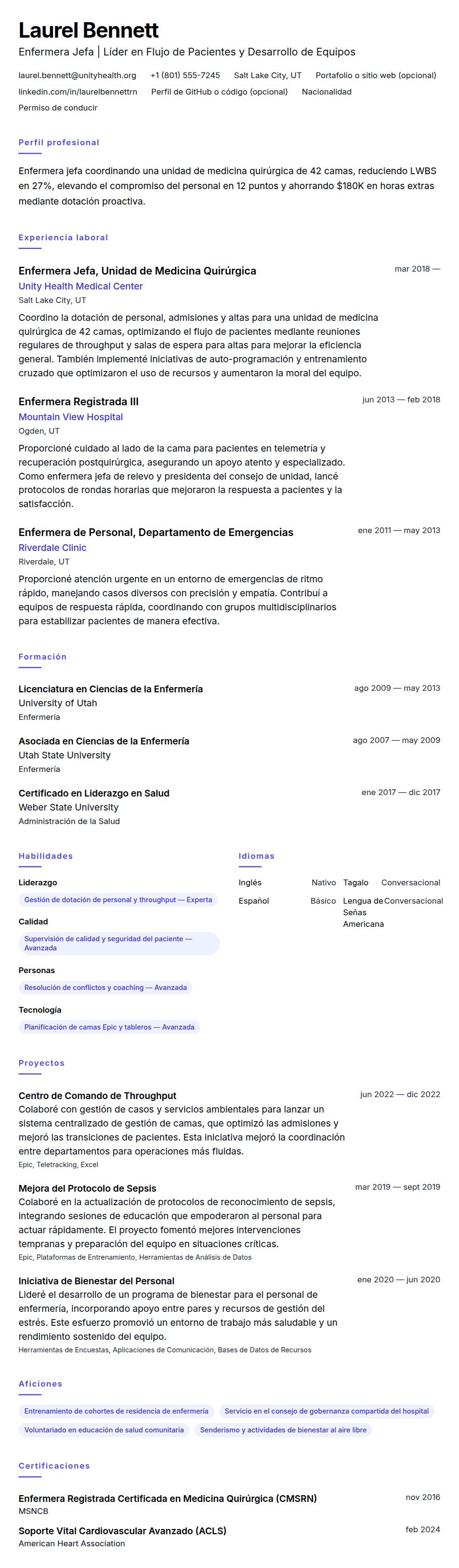 Vista previa del currículum Ejemplo de Currículum de Enfermera Jefa