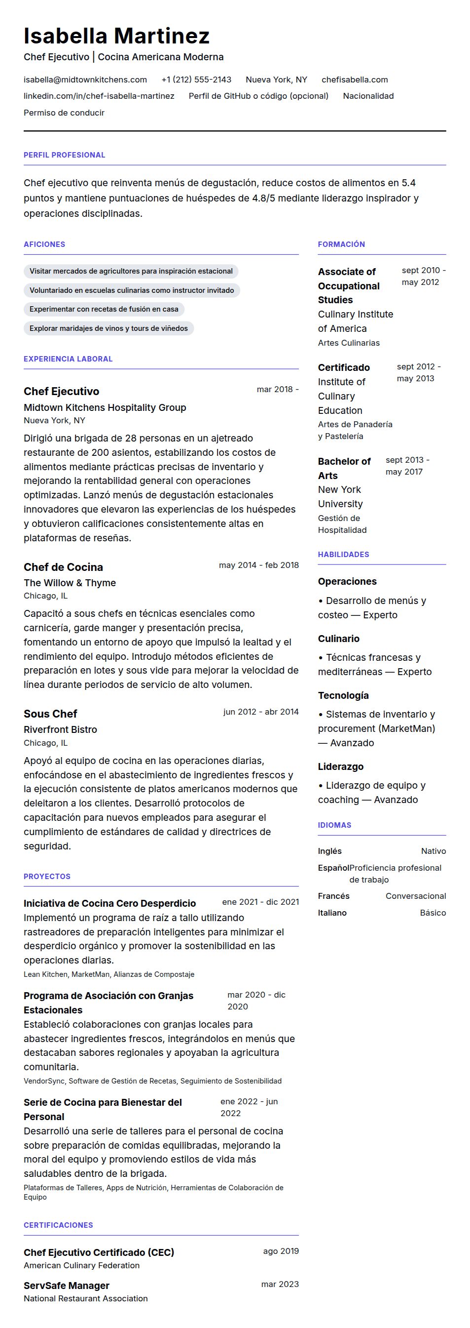 Ejemplo de Currículum de Chef
