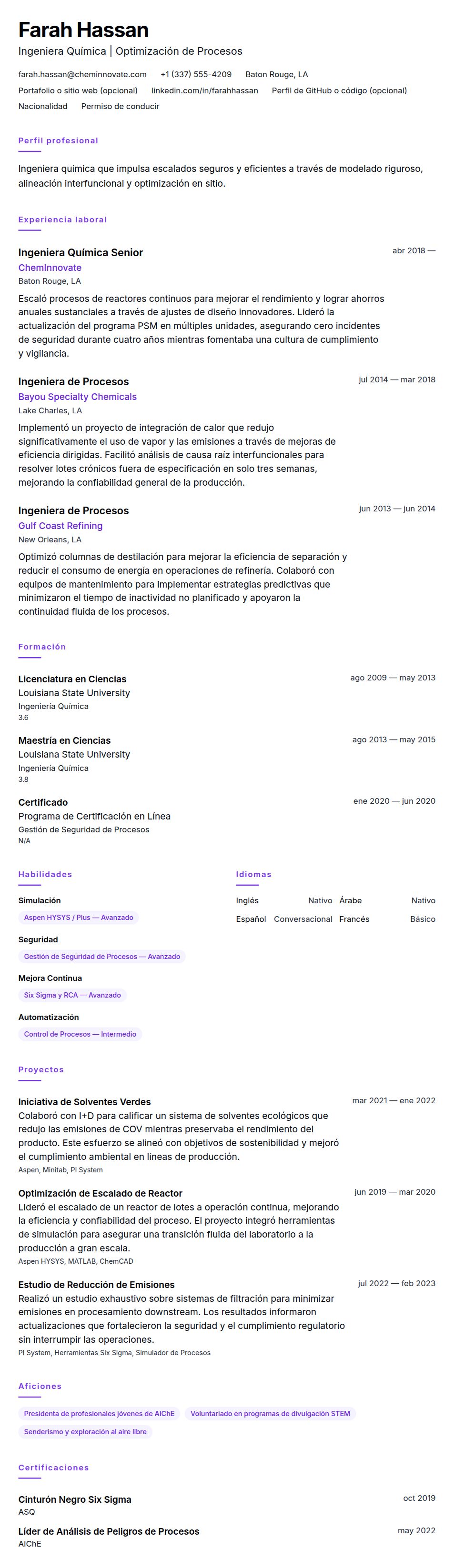 Ejemplo de Currículum de Ingeniero Químico