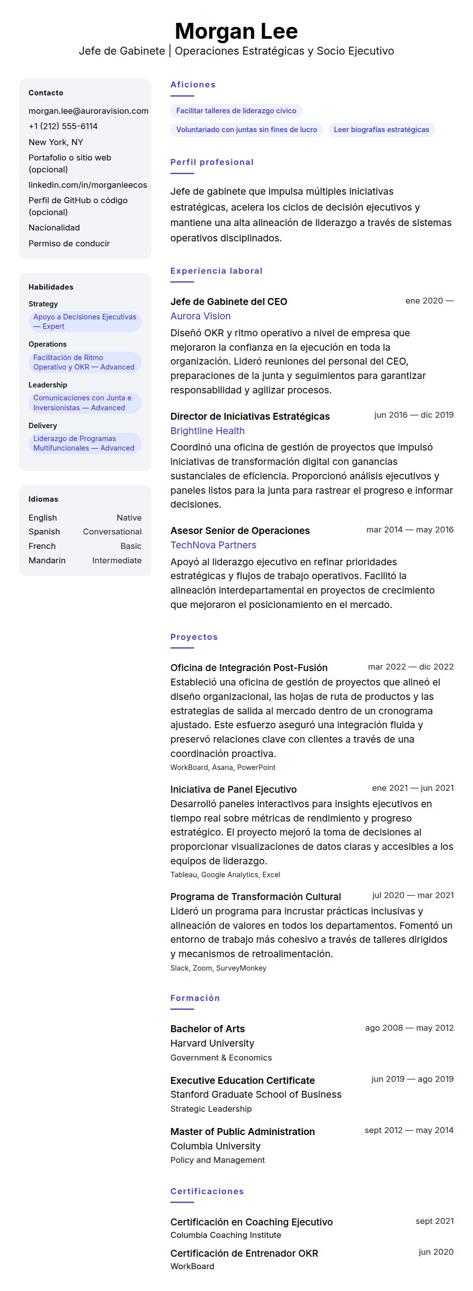 Ejemplo de Currículum de Jefe de Gabinete