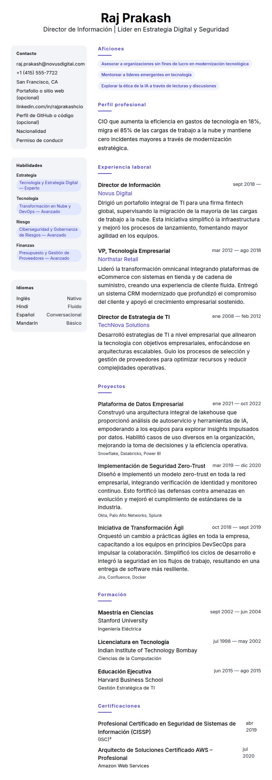 Vista previa del currículum Ejemplo de Currículum de Director de Información