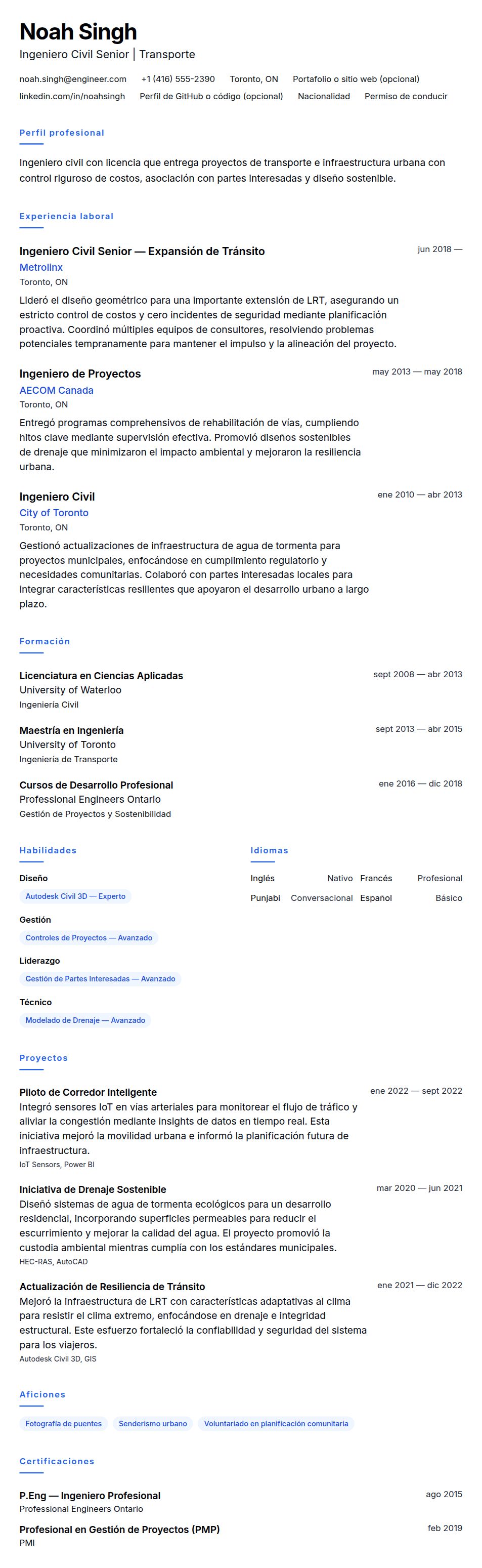 Ejemplo de Currículum de Ingeniero Civil