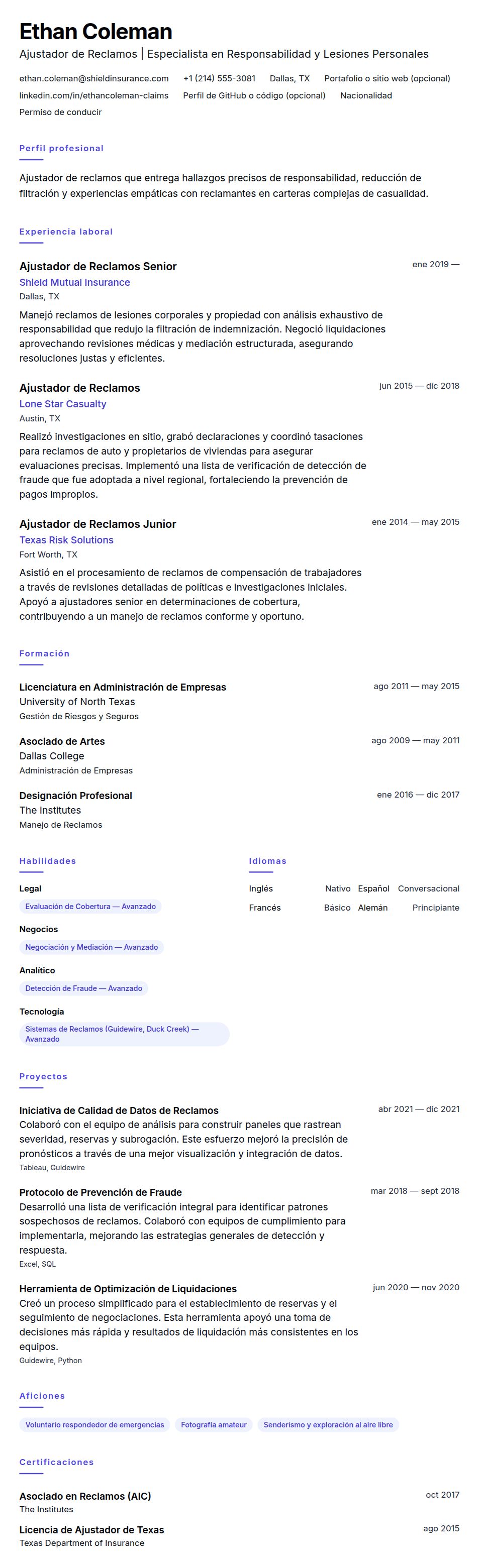 Vista previa del currículum Ejemplo de Currículum de Ajustador de Reclamos