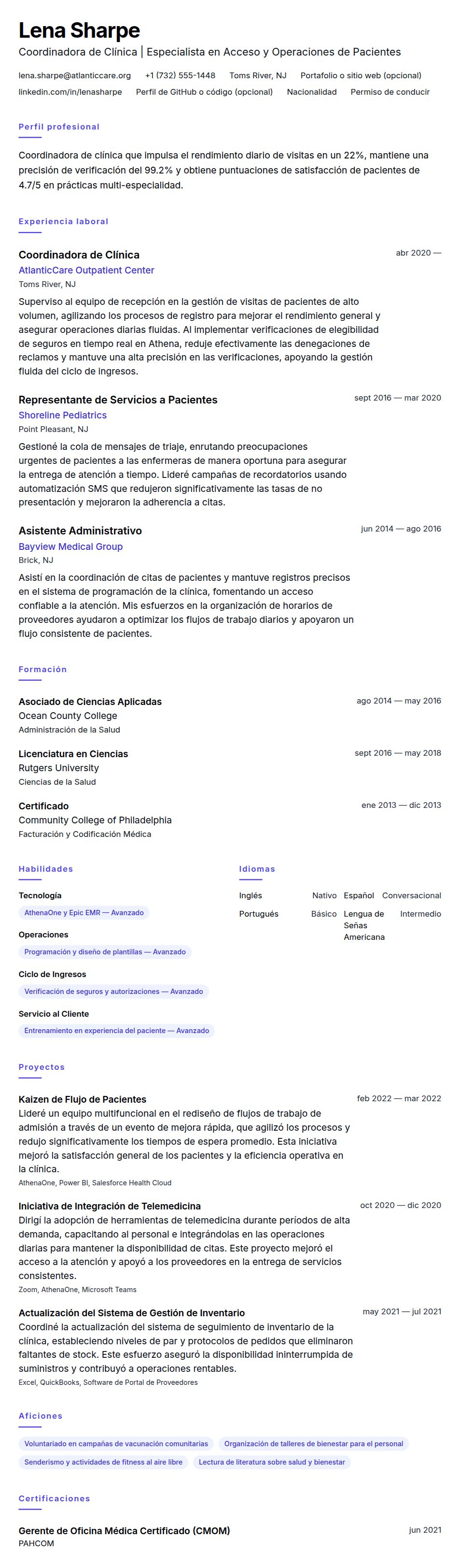 Vista previa del currículum Ejemplo de Currículum de Coordinador de Clínica