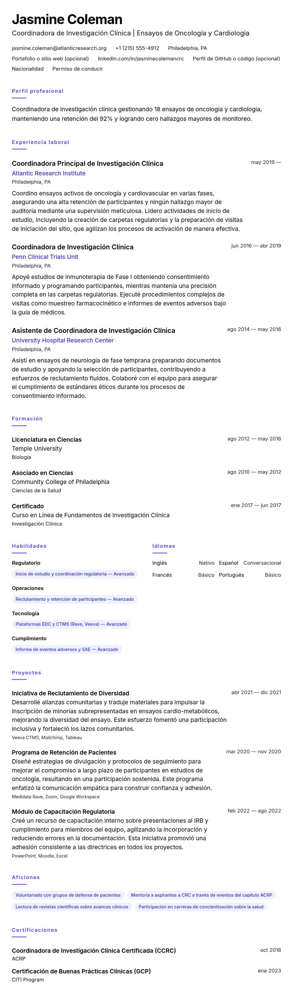 Vista previa del currículum Ejemplo de Currículum de Coordinador de Investigación Clínica