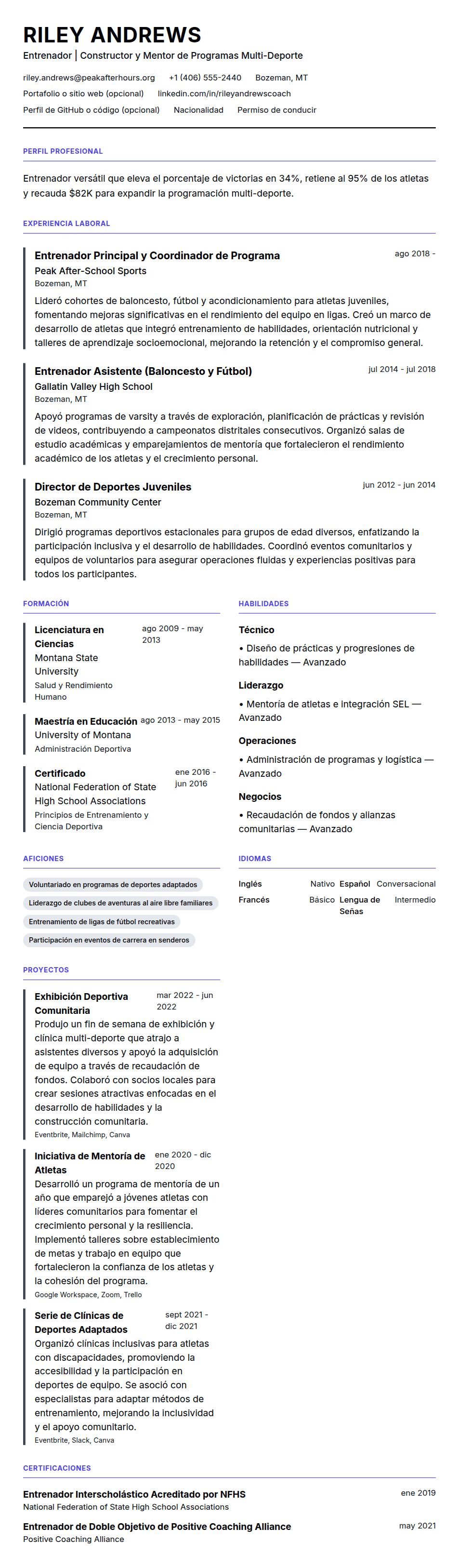 Vista previa del currículum Ejemplo de Currículum de Entrenador