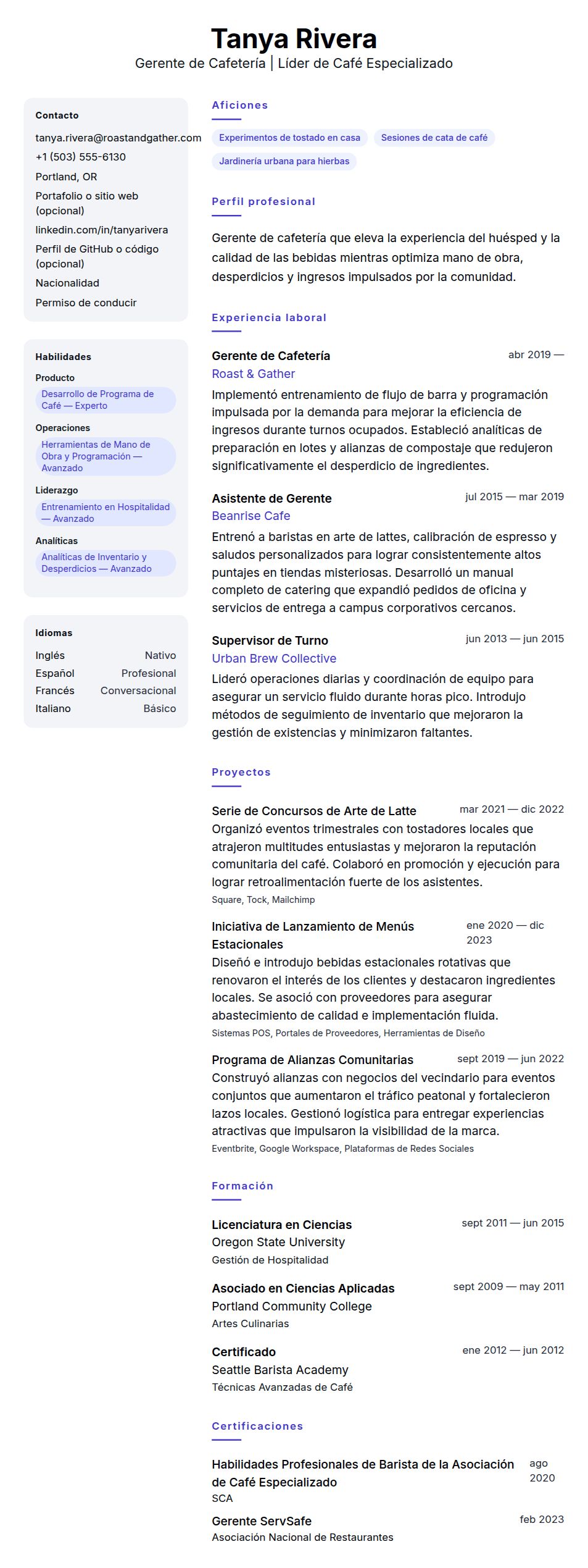 Vista previa del currículum Ejemplo de Currículum de Gerente de Cafetería