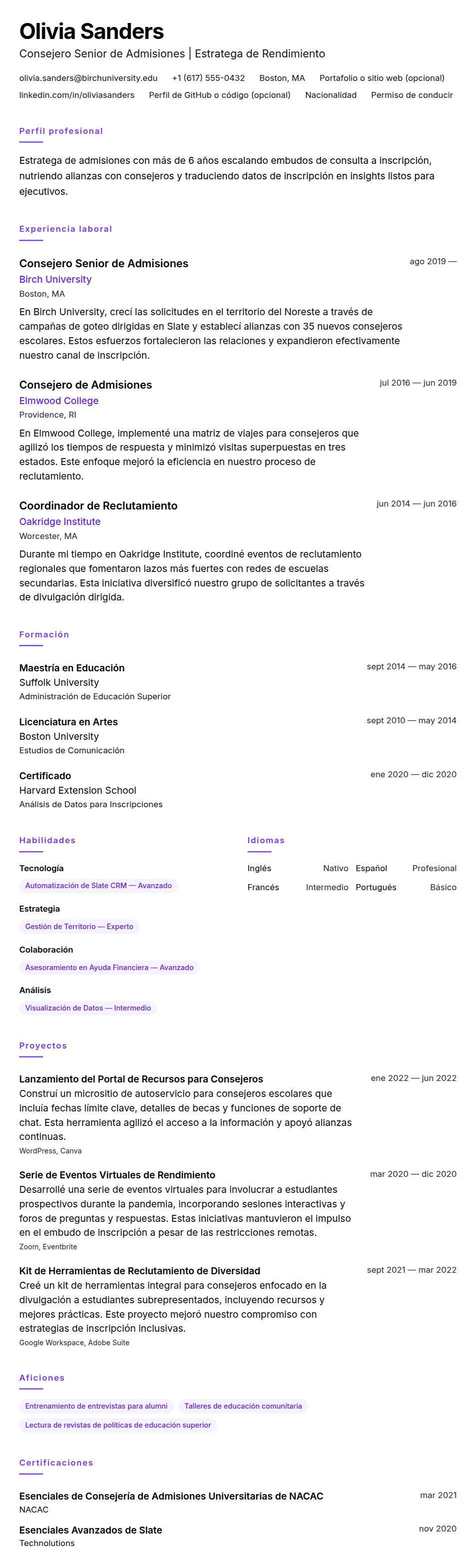Vista previa del currículum Ejemplo de Currículum de Consejero de Admisiones Universitarias