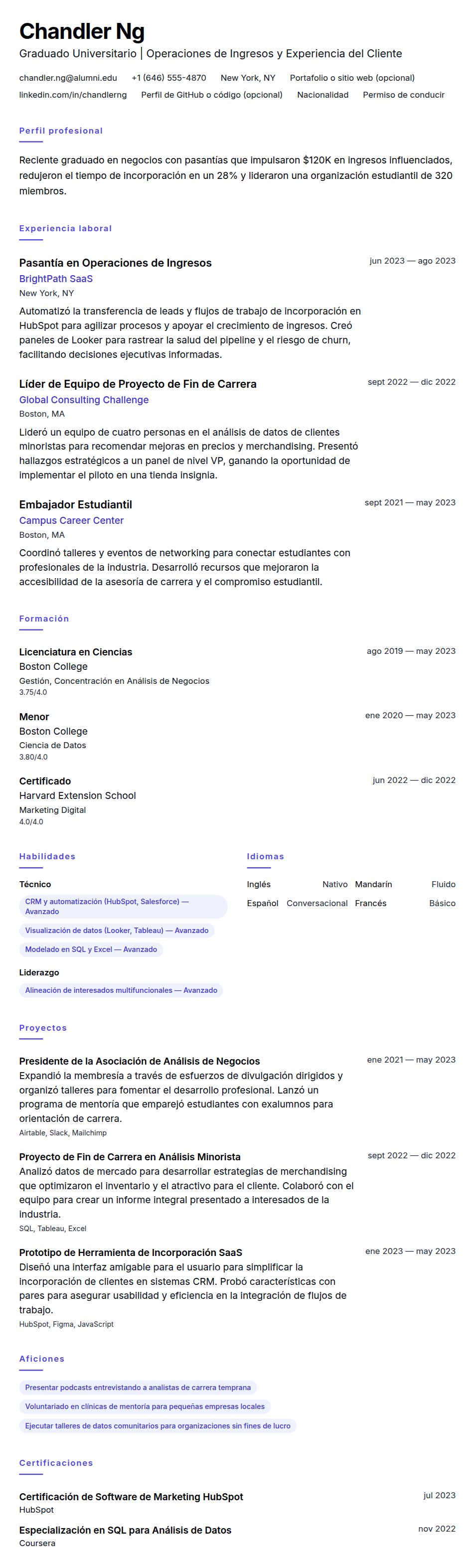 Ejemplo de Currículum para Graduado Universitario