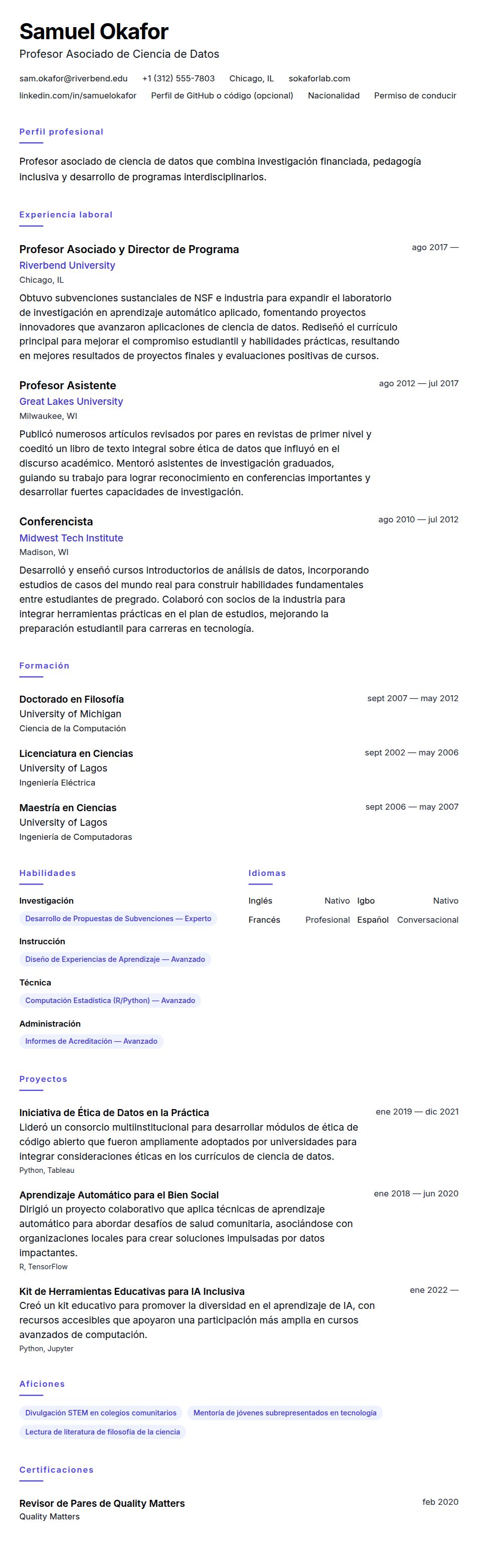 Vista previa del currículum Ejemplo de Currículum de Profesor Universitario