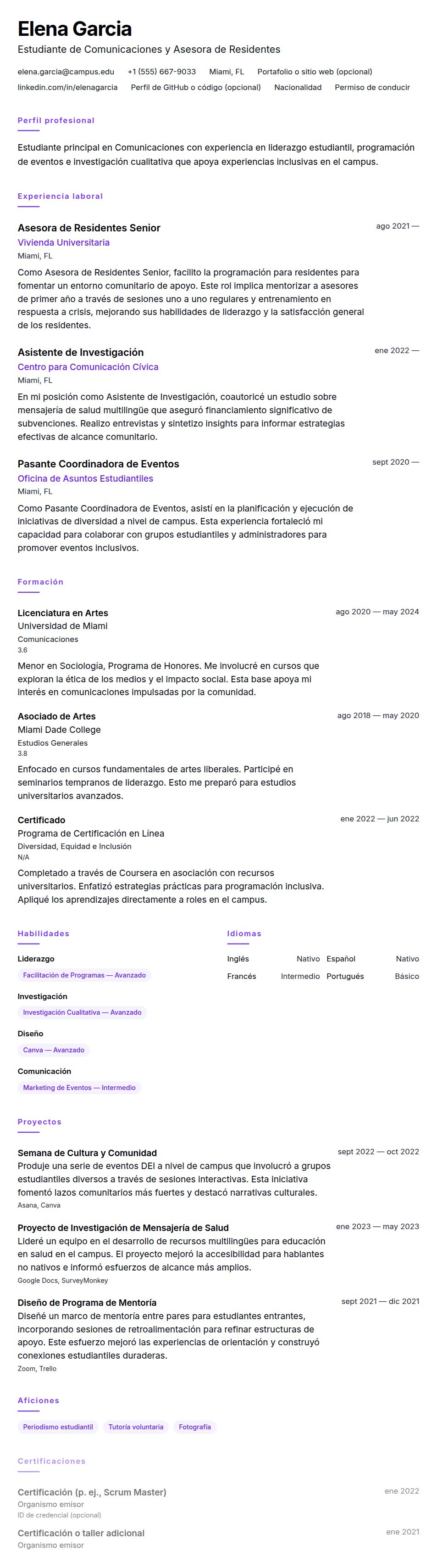 Vista previa del currículum Ejemplo de Currículum para Estudiante Universitario