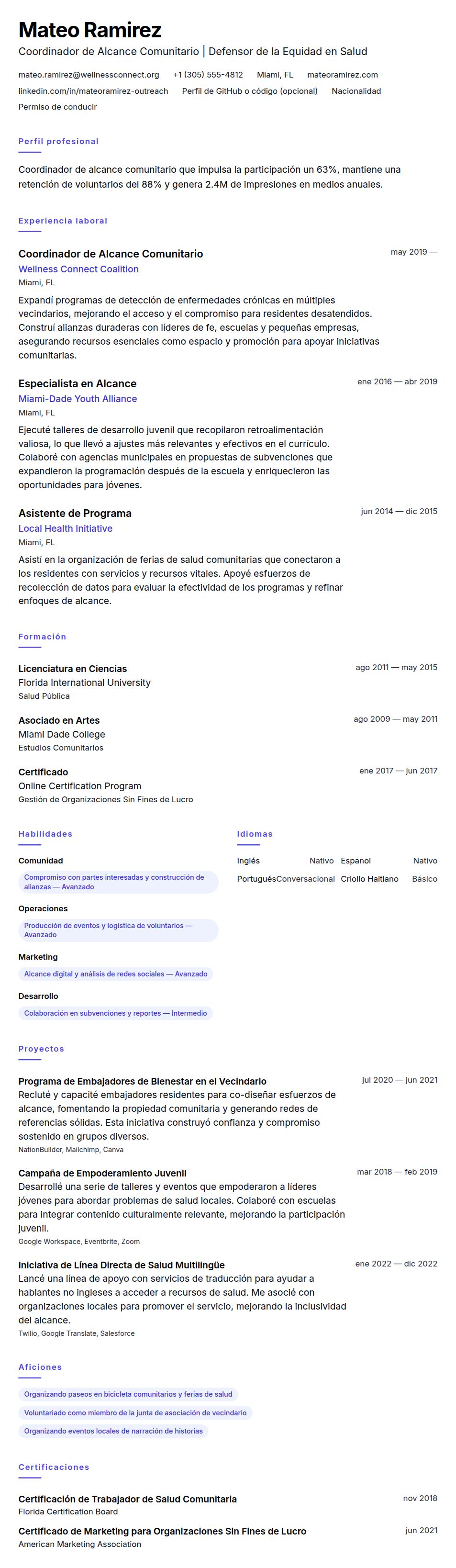 Vista previa del currículum Ejemplo de Currículum de Coordinador de Alcance Comunitario