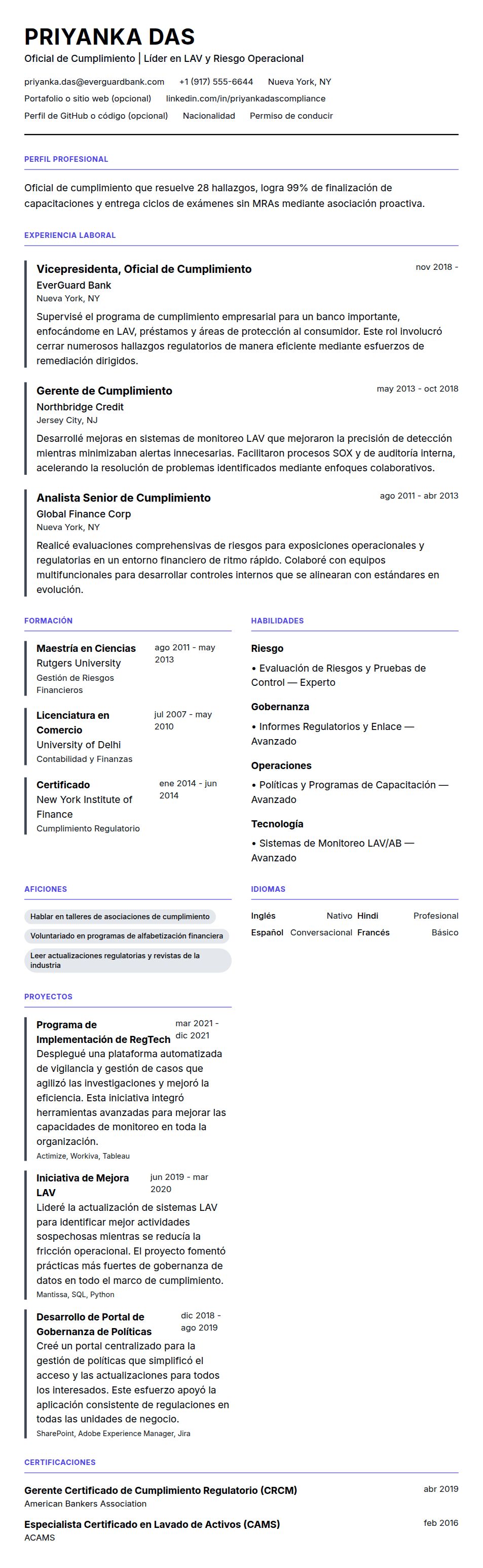 Vista previa del currículum Ejemplo de Currículum de Oficial de Cumplimiento