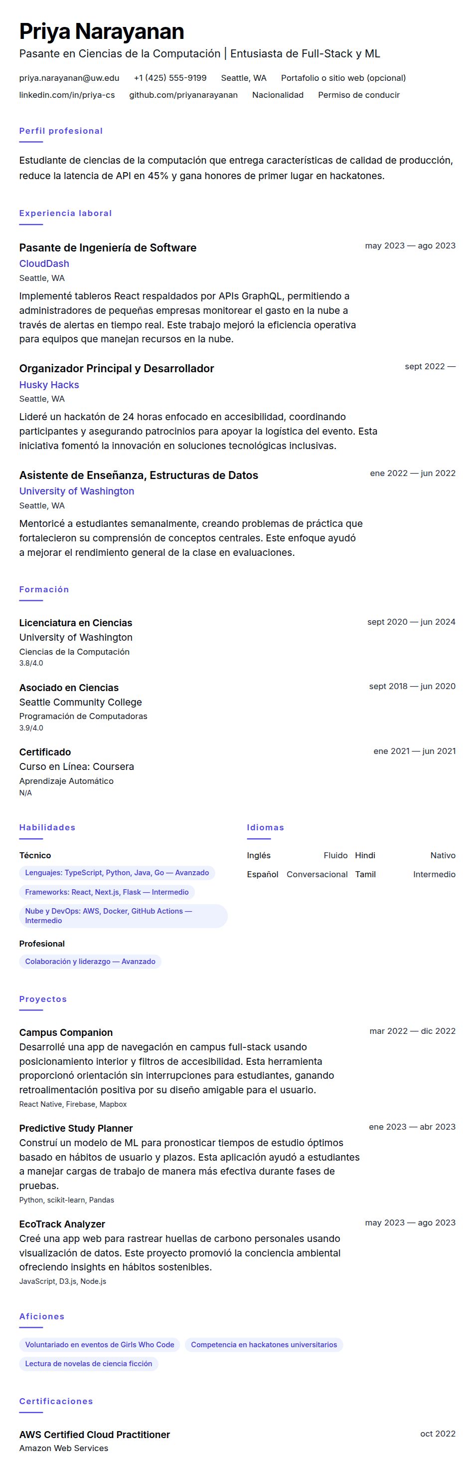 Vista previa del currículum Ejemplo de Currículum para Pasantía en Ciencias de la Computación