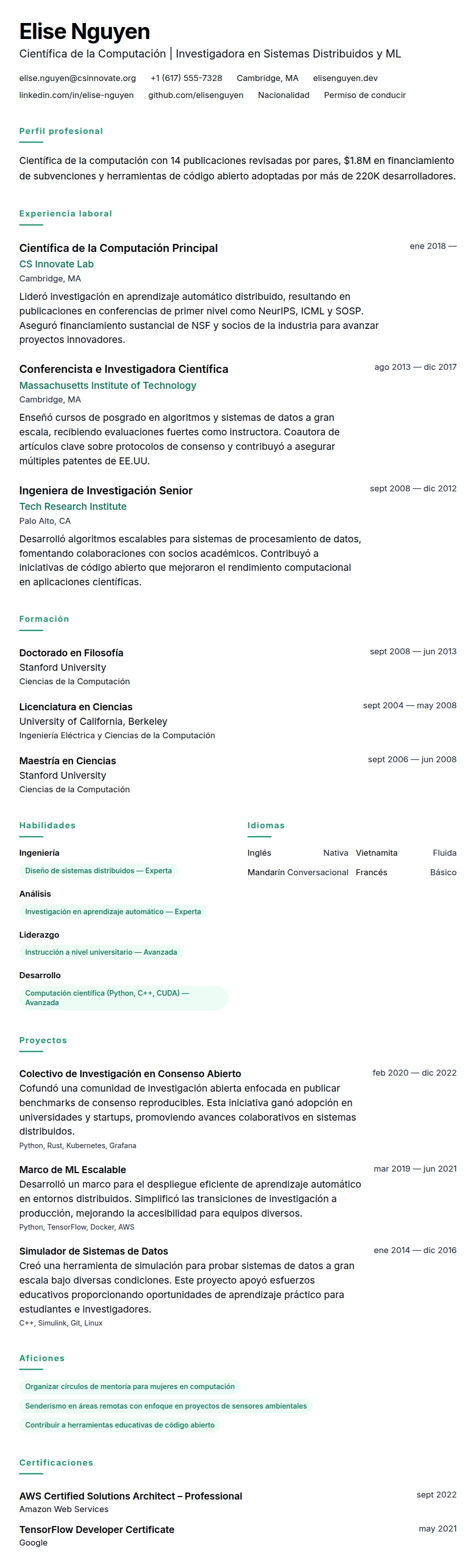 Vista previa del currículum Ejemplo de Currículum de Profesional en Ciencias de la Computación