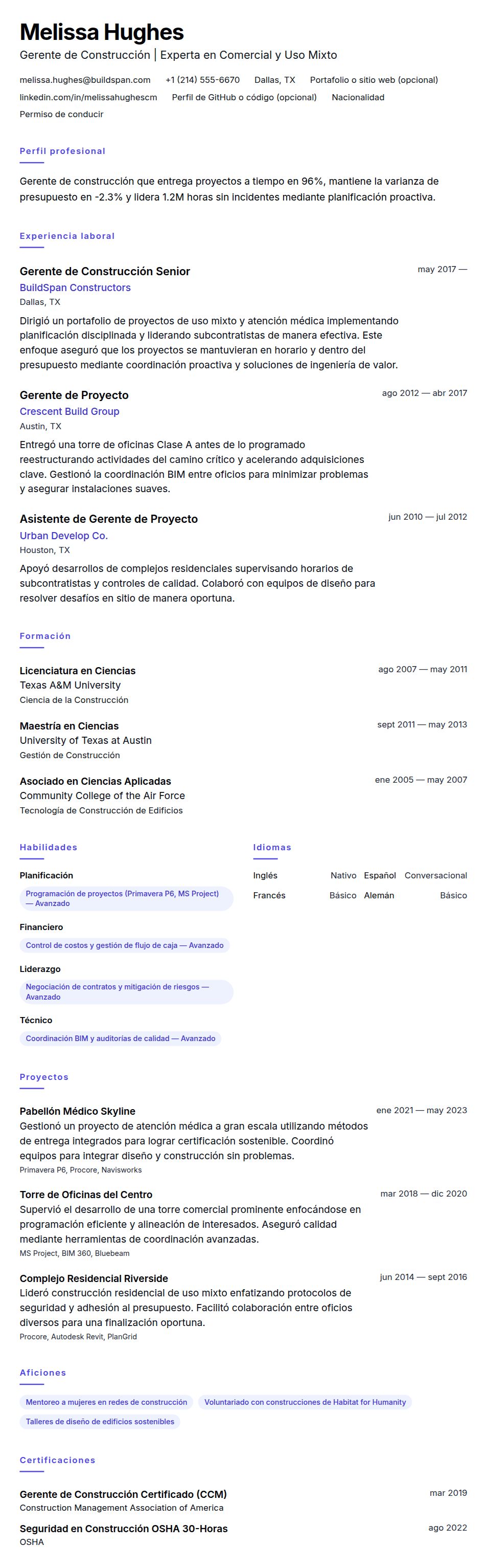 Vista previa del currículum Ejemplo de Currículum de Gerente de Construcción