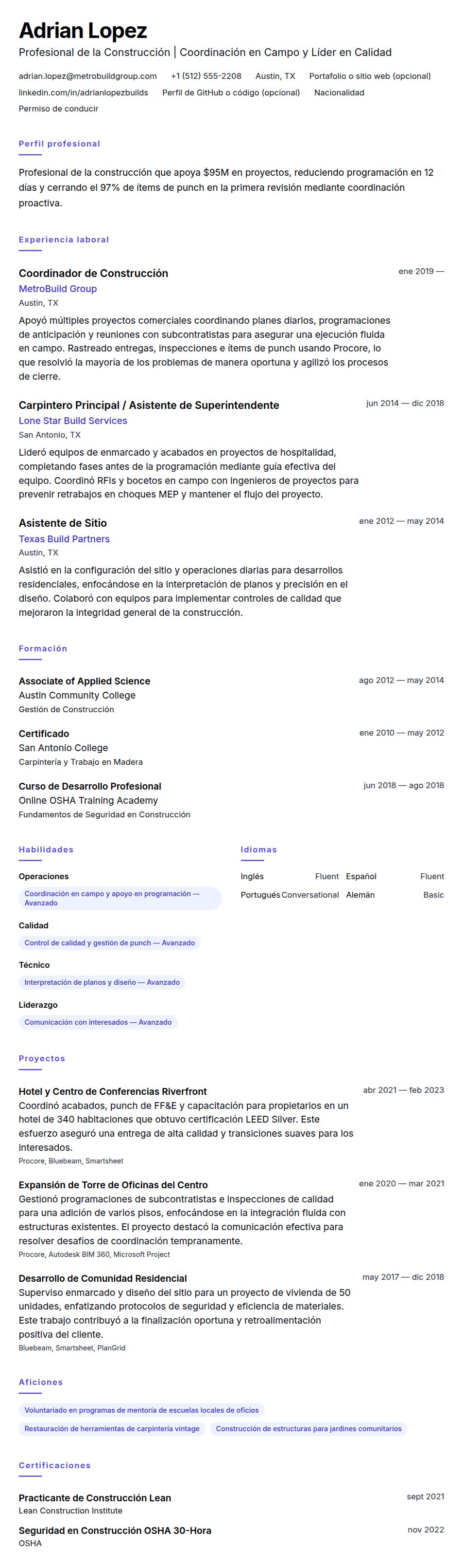 Ejemplo de Currículum de Profesional de la Construcción