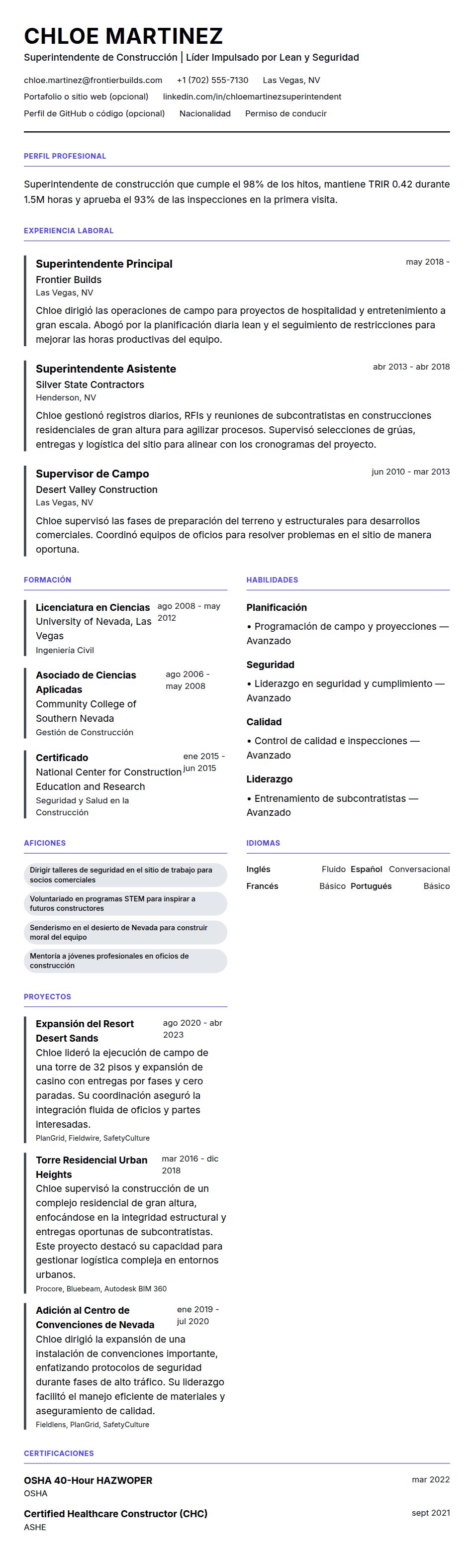 Ejemplo de Currículum de Superintendente de Construcción