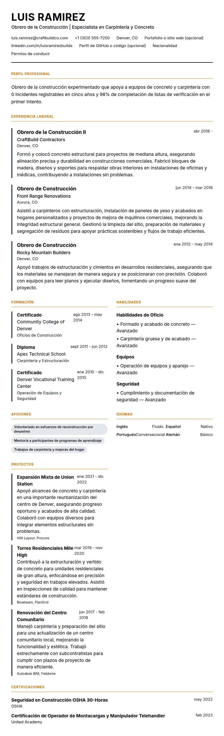 Ejemplo de Currículum de Obrero de la Construcción