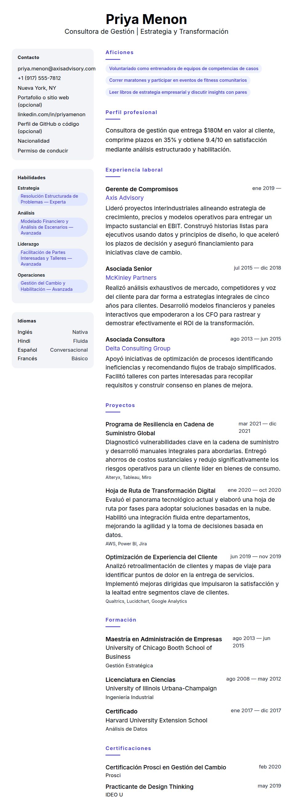 Vista previa del currículum Ejemplo de Currículum de Consultor de Gestión