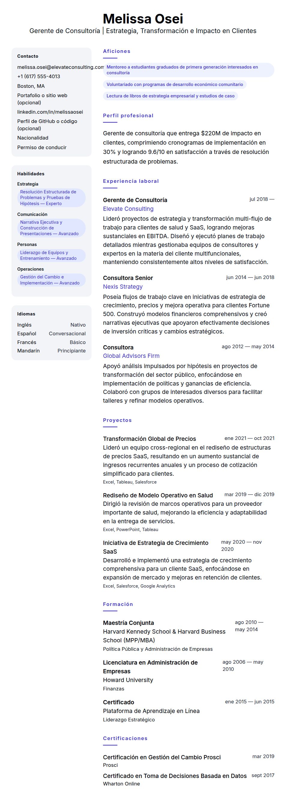 Vista previa del currículum Ejemplo de Currículum de Gerente de Consultoría