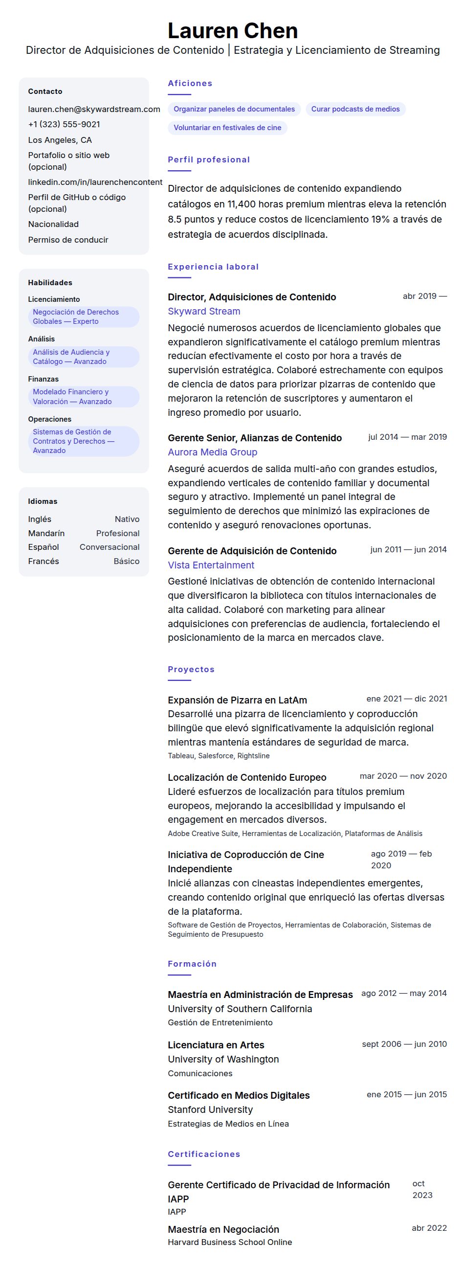 Vista previa del currículum Ejemplo de Currículum de Director de Adquisiciones de Contenido