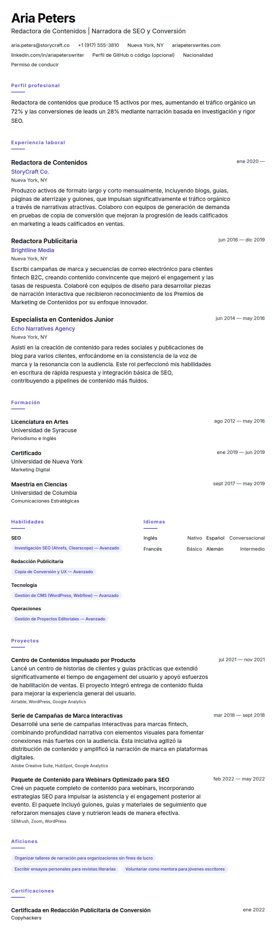 Vista previa del currículum Ejemplo de Currículum de Redactor de Contenidos
