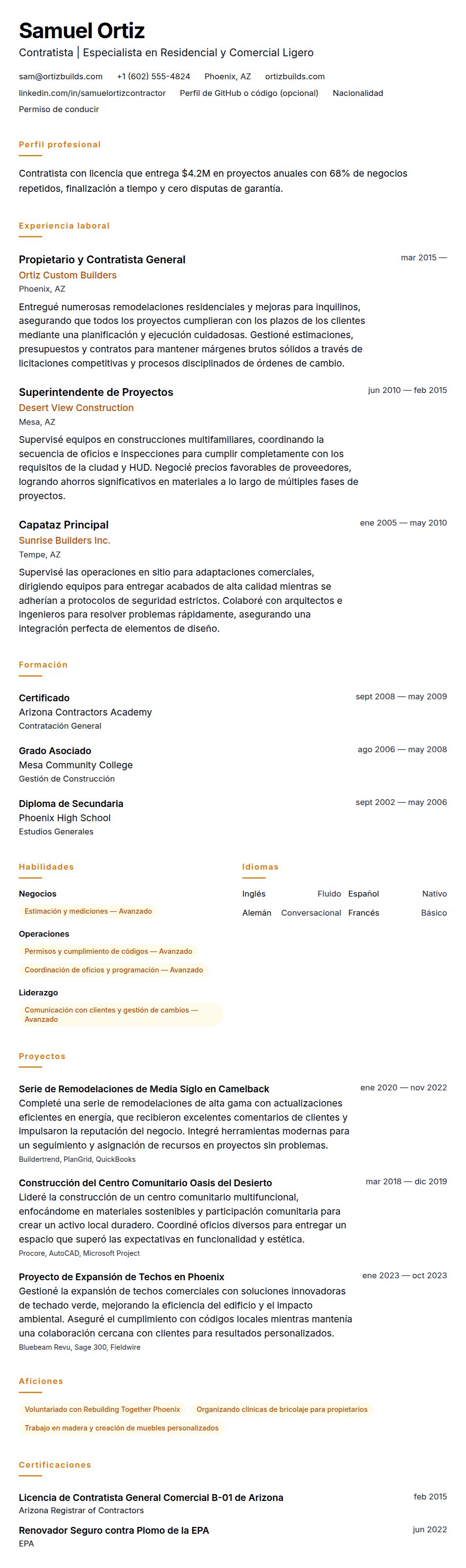 Ejemplo de Currículum de Contratista