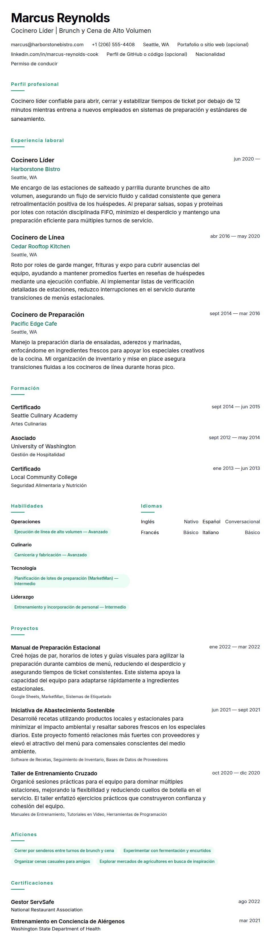 Vista previa del currículum Ejemplo de Currículum de Cocinero
