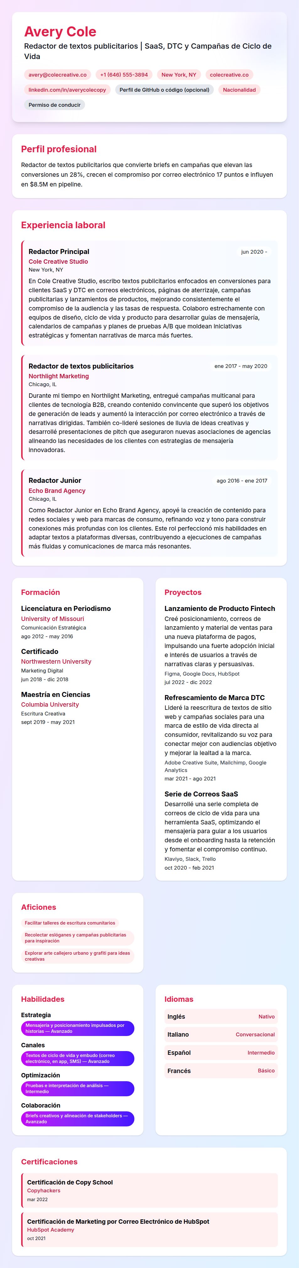Vista previa del currículum Ejemplo de Currículum de Redactor de textos publicitarios