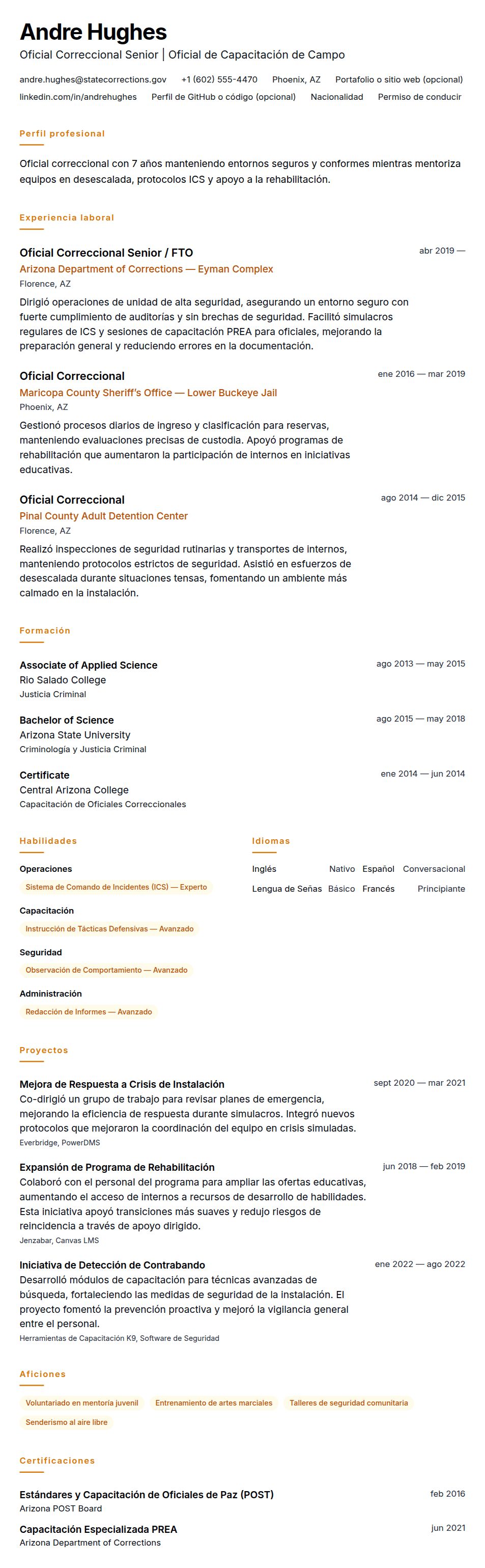 Ejemplo de Currículum de Oficial Correccional