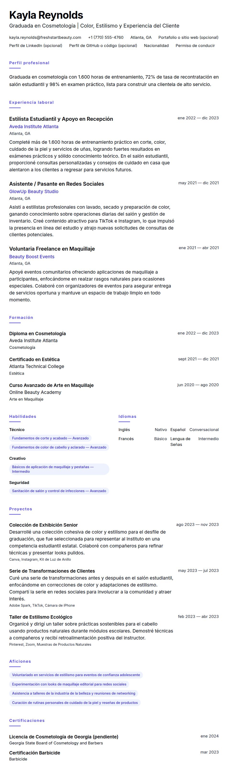 Vista previa del currículum Ejemplo de Currículum de Graduada en Cosmetología