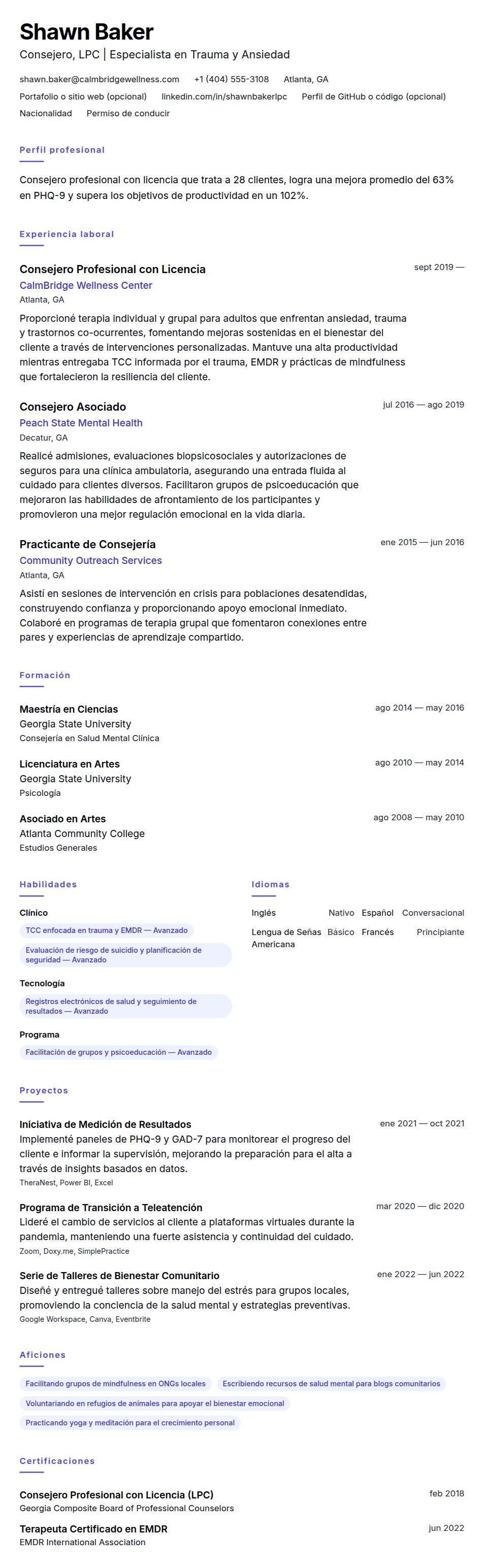 Ejemplo de Currículum de Consejero