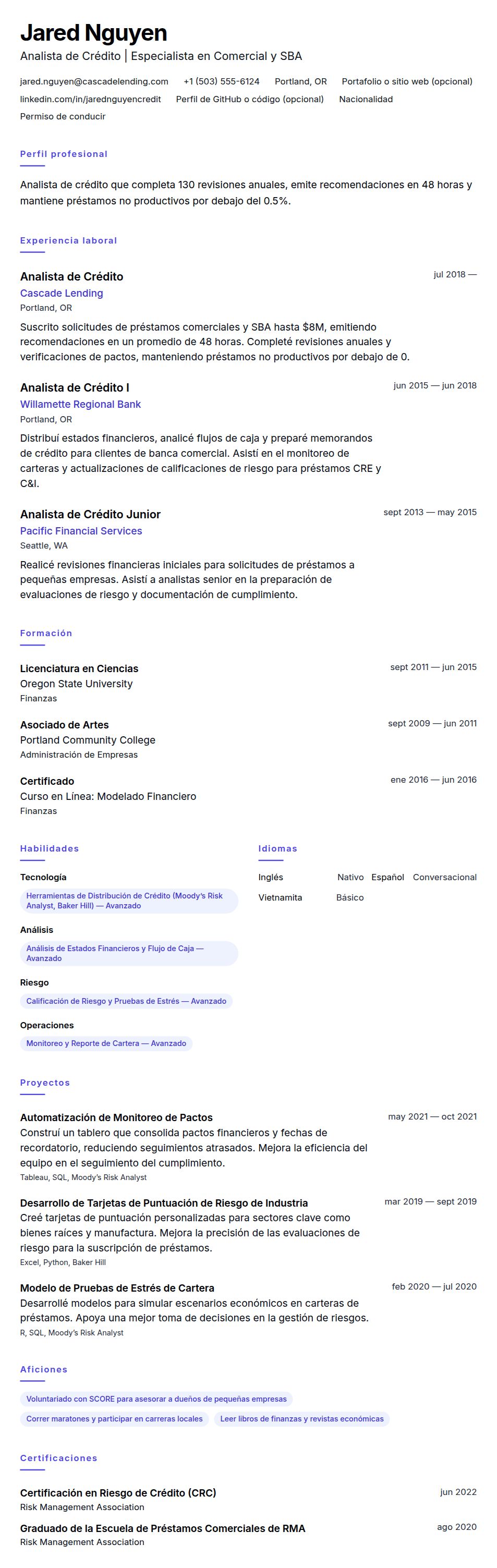 Ejemplo de Currículum de Analista de Crédito