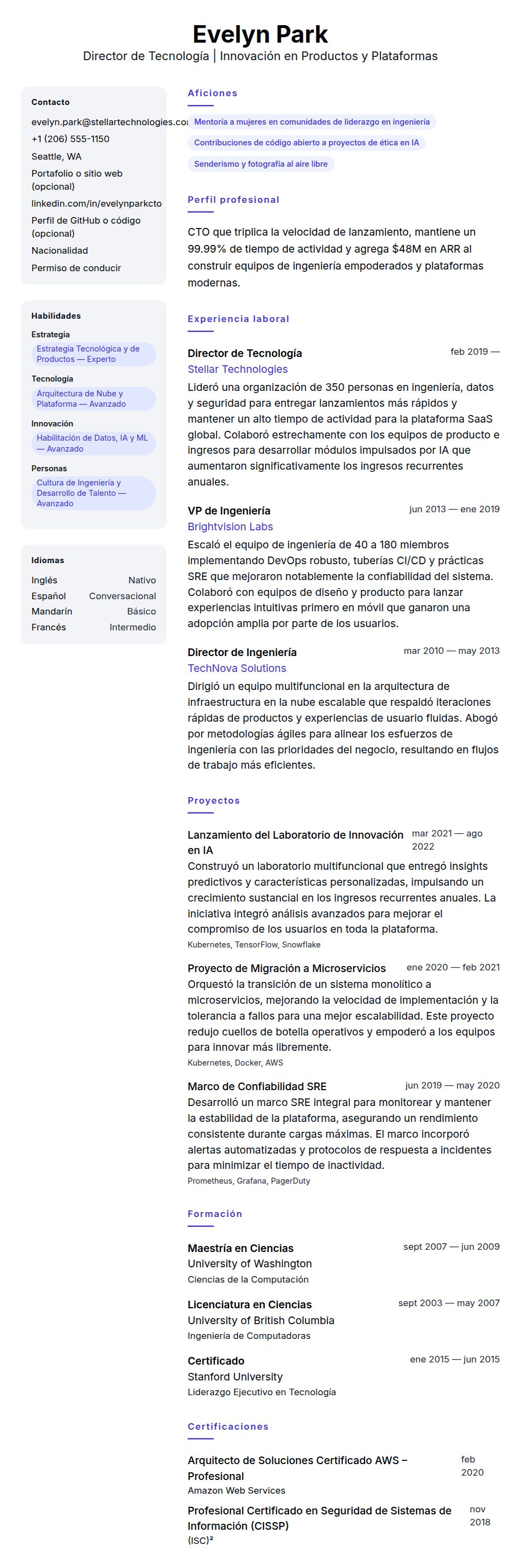 Vista previa del currículum Ejemplo de Currículum de Director de Tecnología