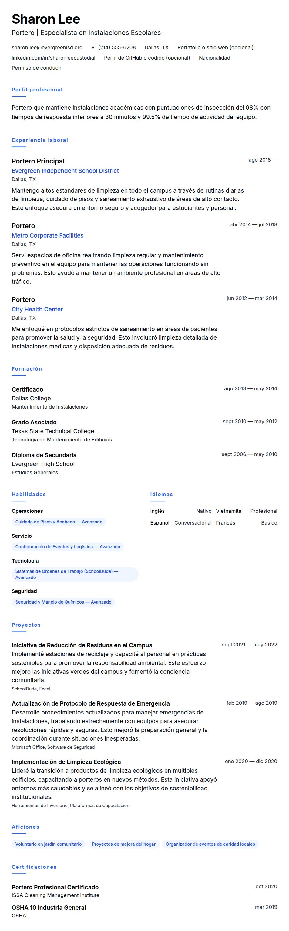 Ejemplo de Currículum de Portero